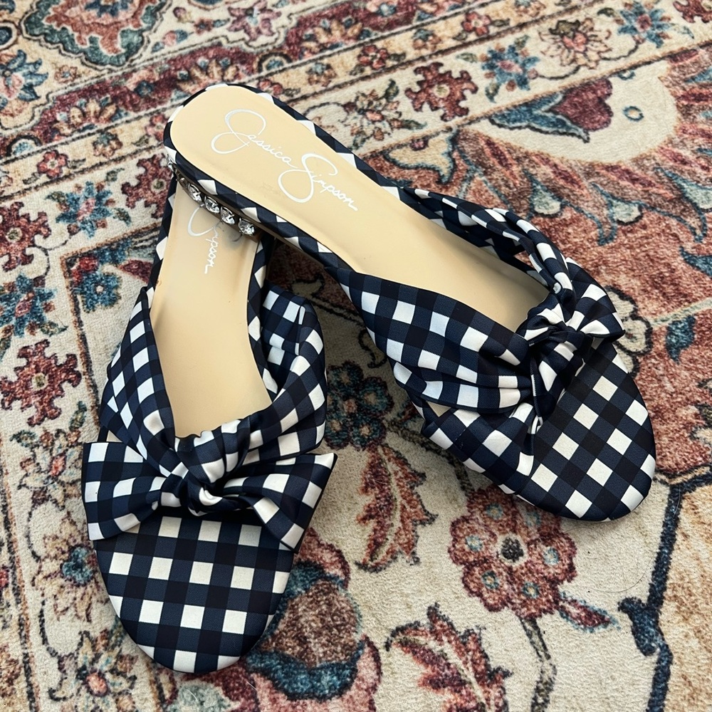 Jessica Simpson navy and White Checkered gingham crystal heel Sandals, size 8.5